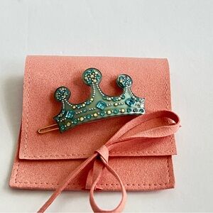 Vintage Rena Chris Minty Teal Crown Hair Clip with Rhinestone Accents